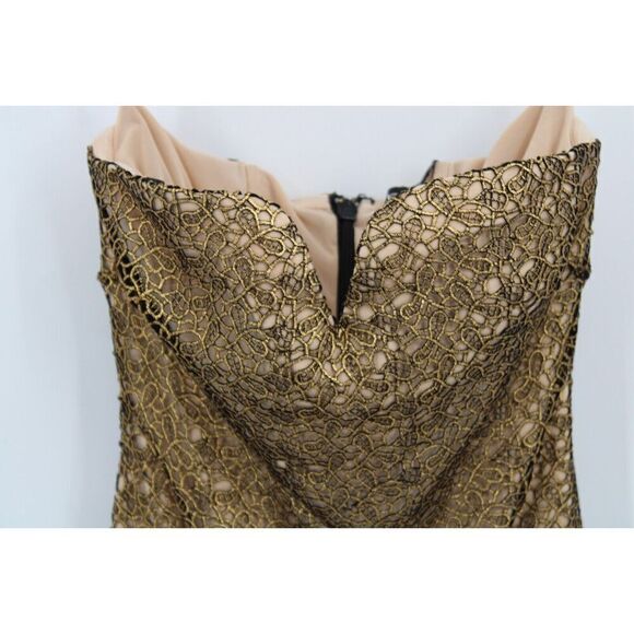 BEBE UPTOWN STRAPLESS DRAMATIC BODYCON MINI DRESS SIZE XS GOLD MSRP $149 NWT - Picture 2 of 9